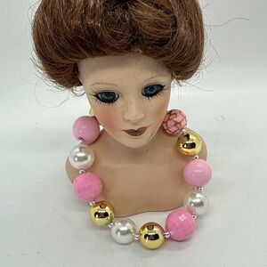 Doll or Tiny Dog Necklace 10.5 Inch Chunky Pink, Gold & Pearl Bead Necklace
